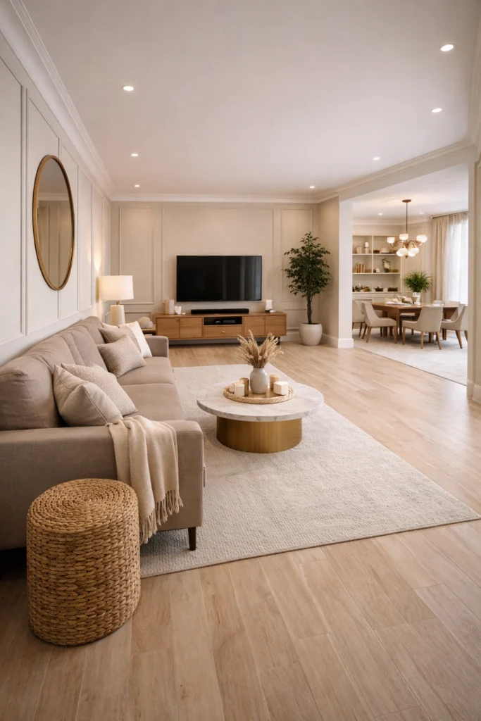 Long Living Room With Dining Extension Idea