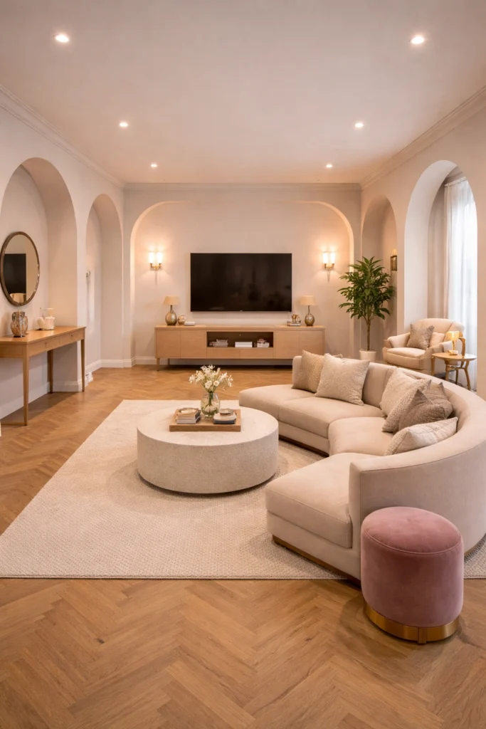 Long Living Room With Elegant Arches Idea