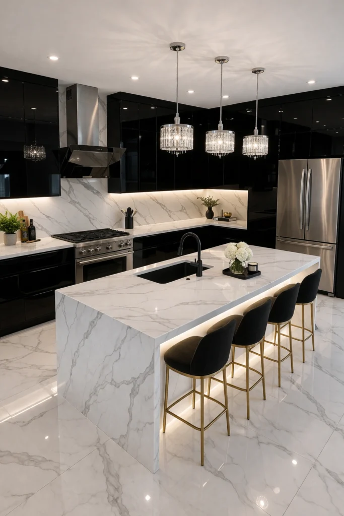 Luxury Black Gloss Kitchen with White Island Idea