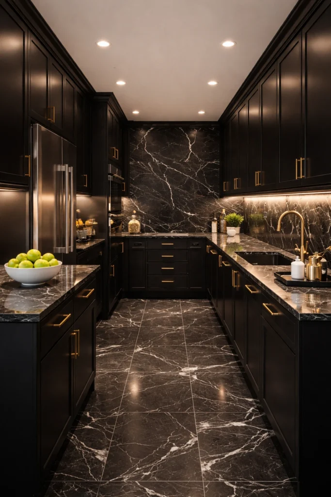 Luxury Black Marble Galley Kitchen Idea