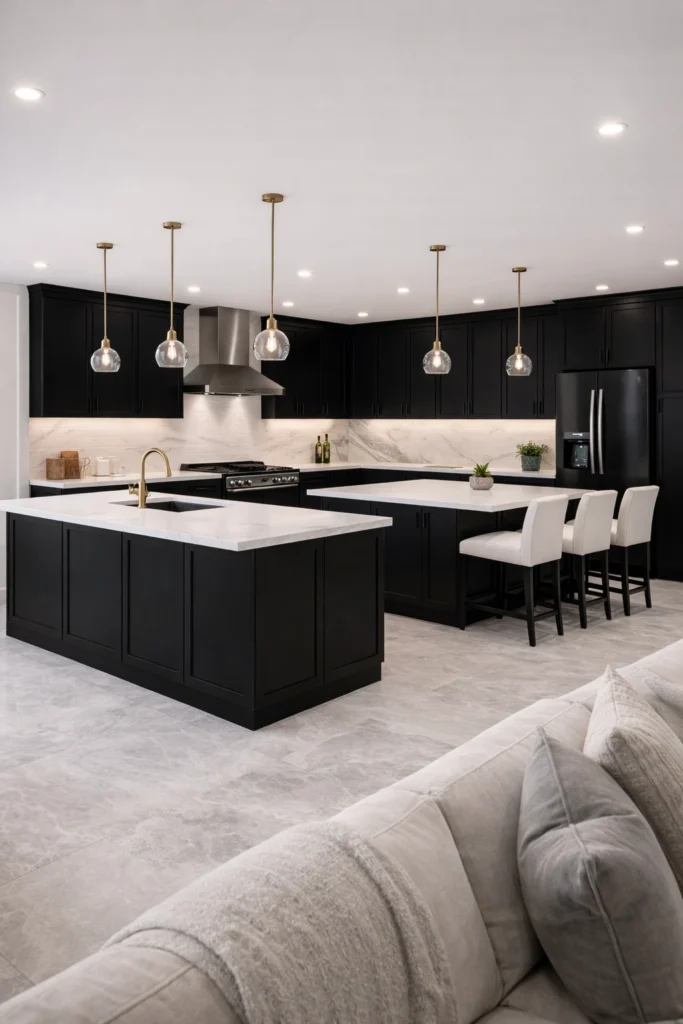 Luxury Black & White Double Island Kitchen Idea