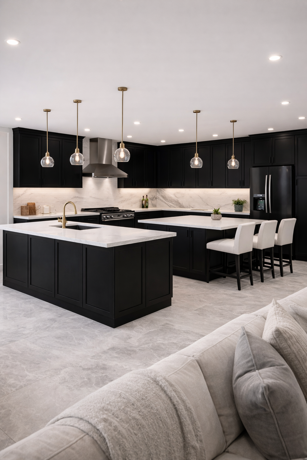 Luxury Black & White Double Island Kitchen Idea