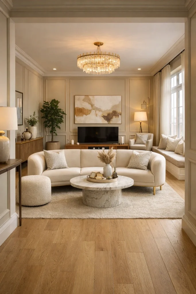 Luxury Neutral Long Living Room With Window Seating Idea