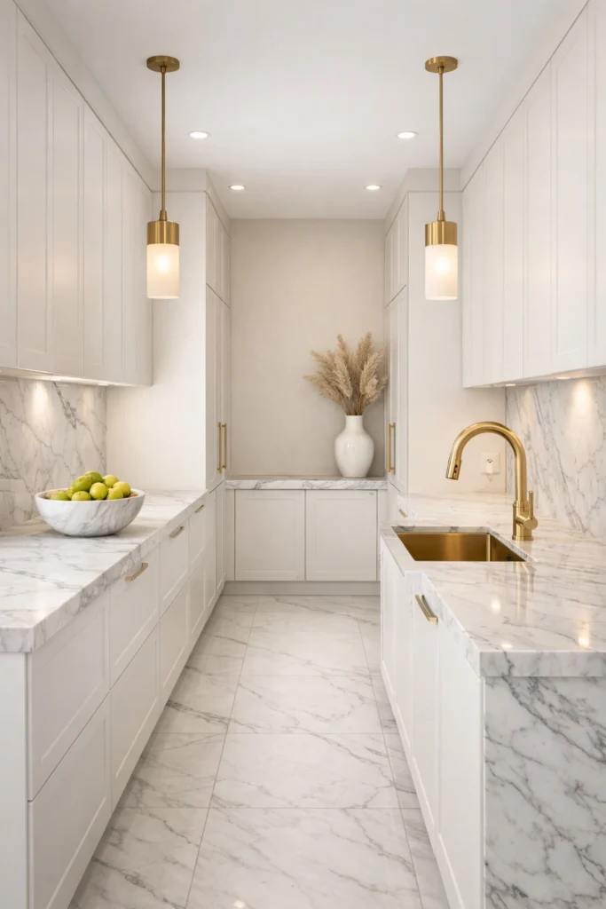 Luxury White Marble Galley Kitchen Idea