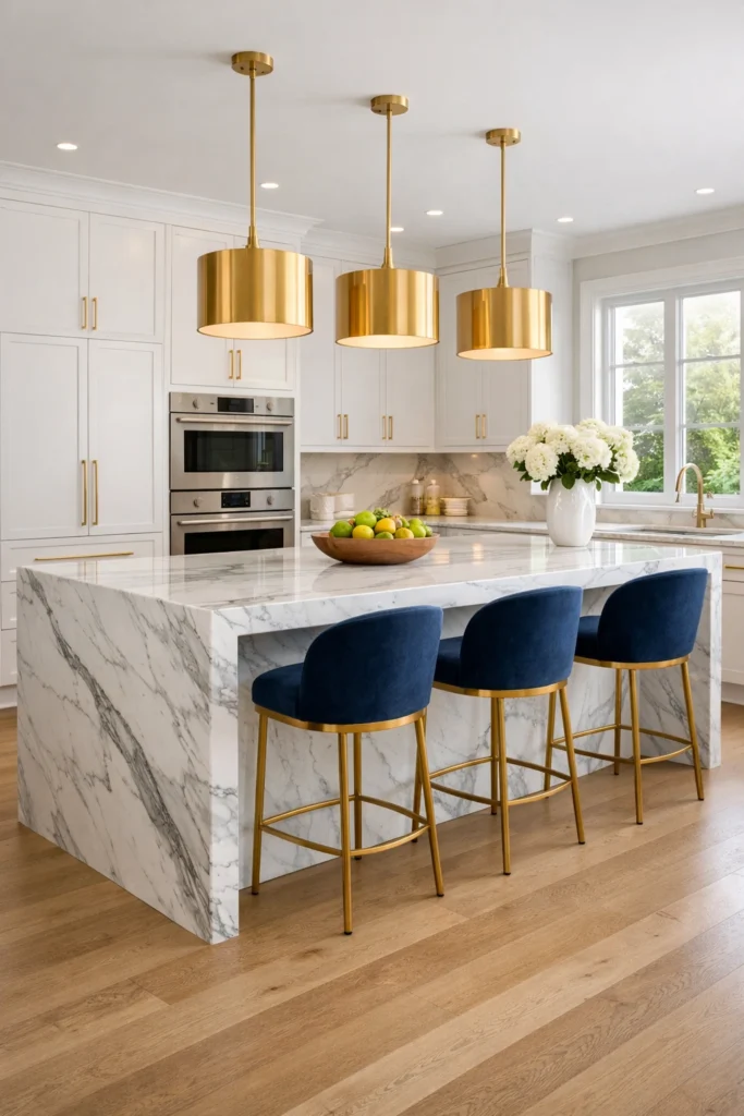 Luxury White Marble Waterfall Kitchen Island Idea