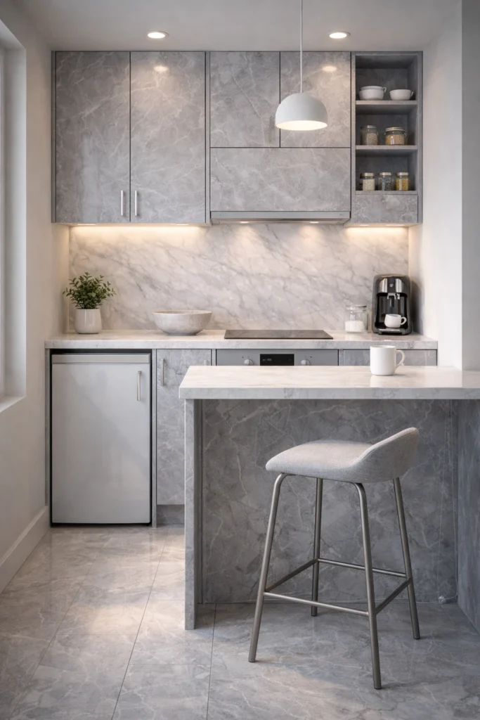 Marble Grey Mini Kitchen with Designer Curved Stool Idea