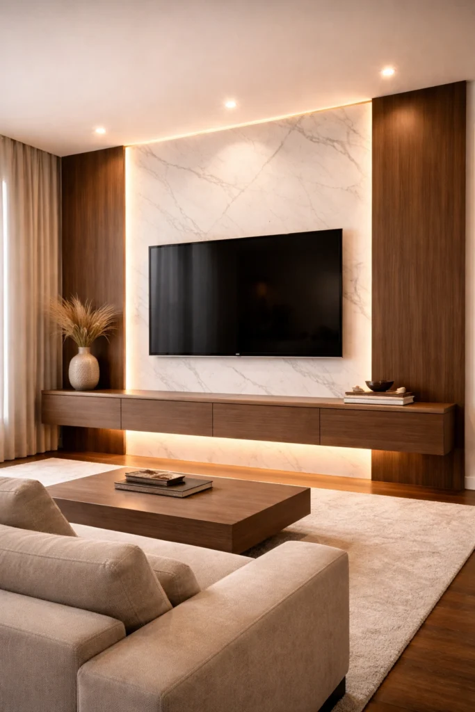 Marble and Wood Luxury TV Wall Idea