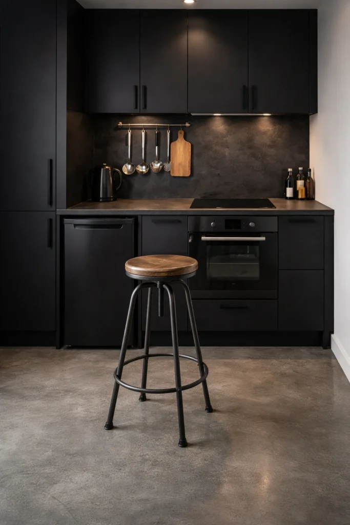 Matte Black Mini Kitchen with Industrial Stool Idea