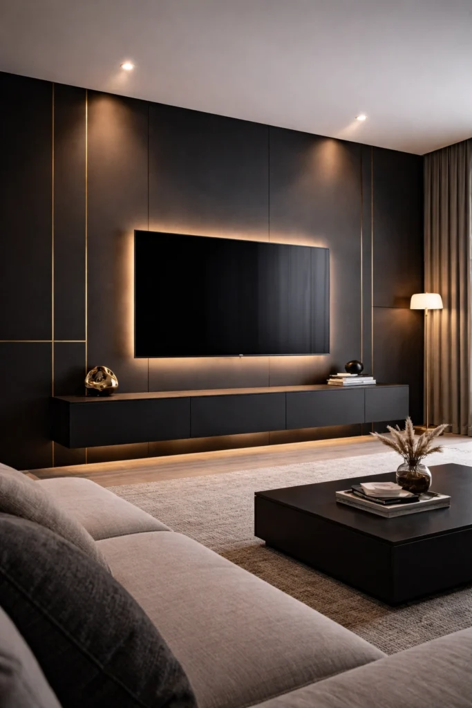 Matte Black Panel TV Wall with Brass Inlay Lines Idea