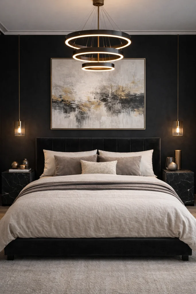 Matte Black Statement Bedroom with Multi-Tier Chandelier Style
