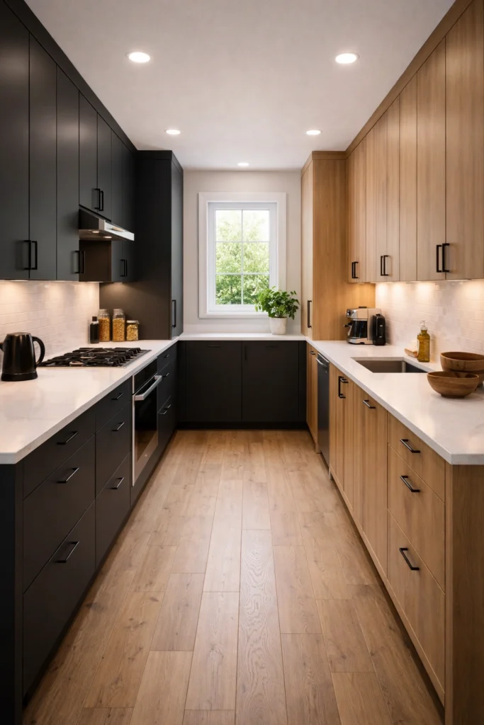 Matte Black and Wood Galley Kitchen Idea