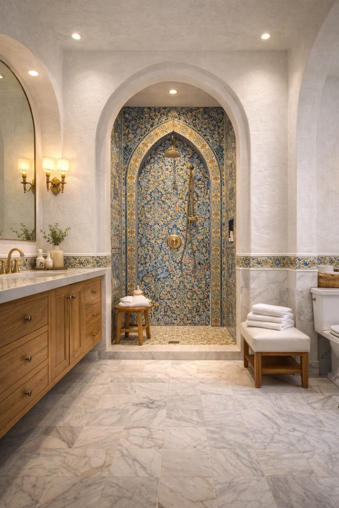 Mediterranean Arched Mosaic Tile Bathroom Idea