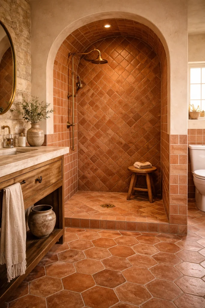 Mediterranean Arched Shower Terracotta Tile Bathroom Idea