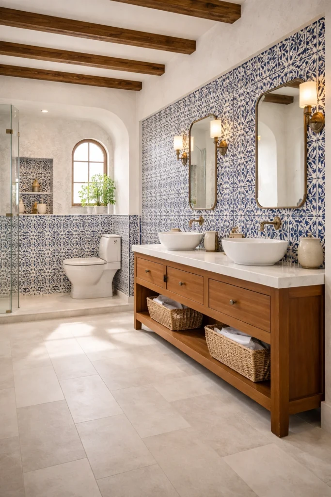 Mediterranean Blue & White Geometric Tile Bathroom Idea