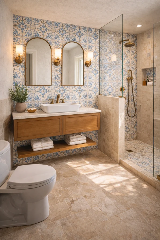 Mediterranean Coastal Beige & Blue Tile Bathroom Idea