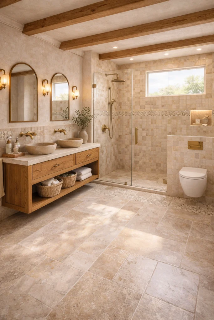 Mediterranean Coastal Beige Sand Tile Bathroom Idea