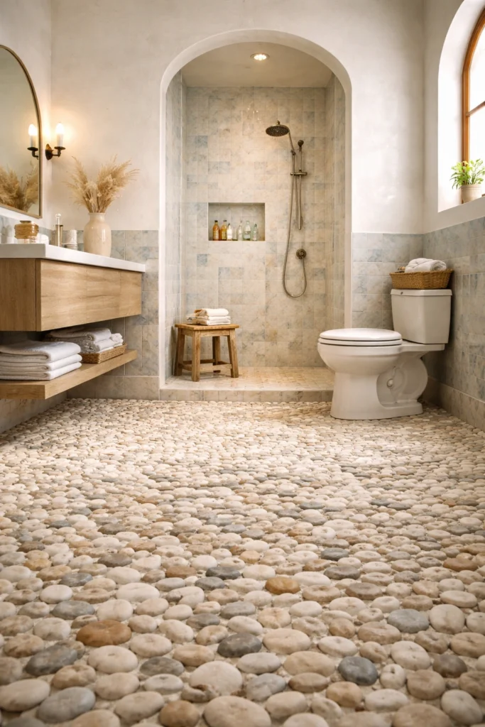 Mediterranean Coastal Pebble Floor Bathroom Idea