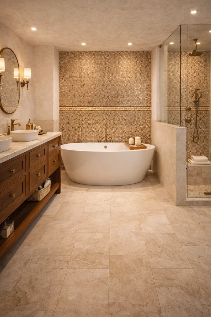 Mediterranean Copper Accent Mosaic Tile Bathroom Idea