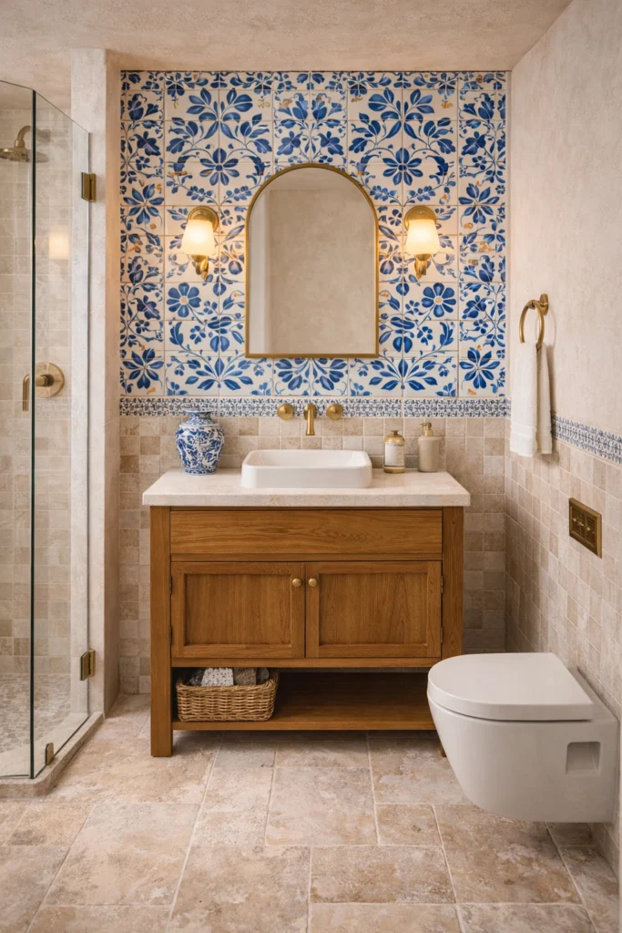 Mediterranean Hand-Painted Blue Floral Tile Bathroom Idea