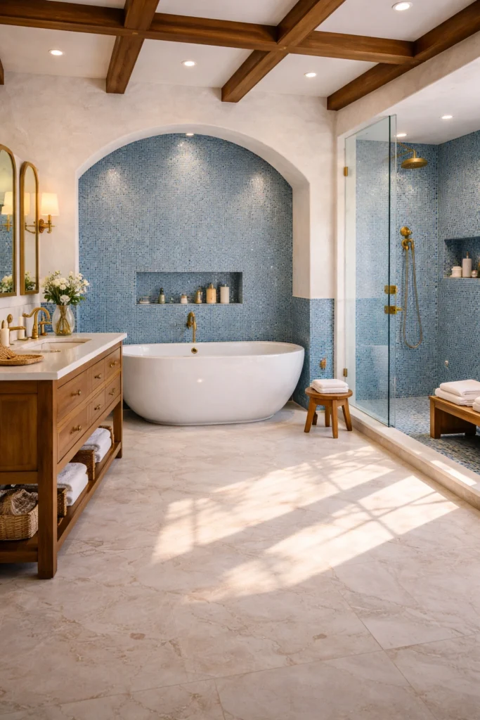 Mediterranean Luxury Blue Mosaic Tile Bathroom Idea