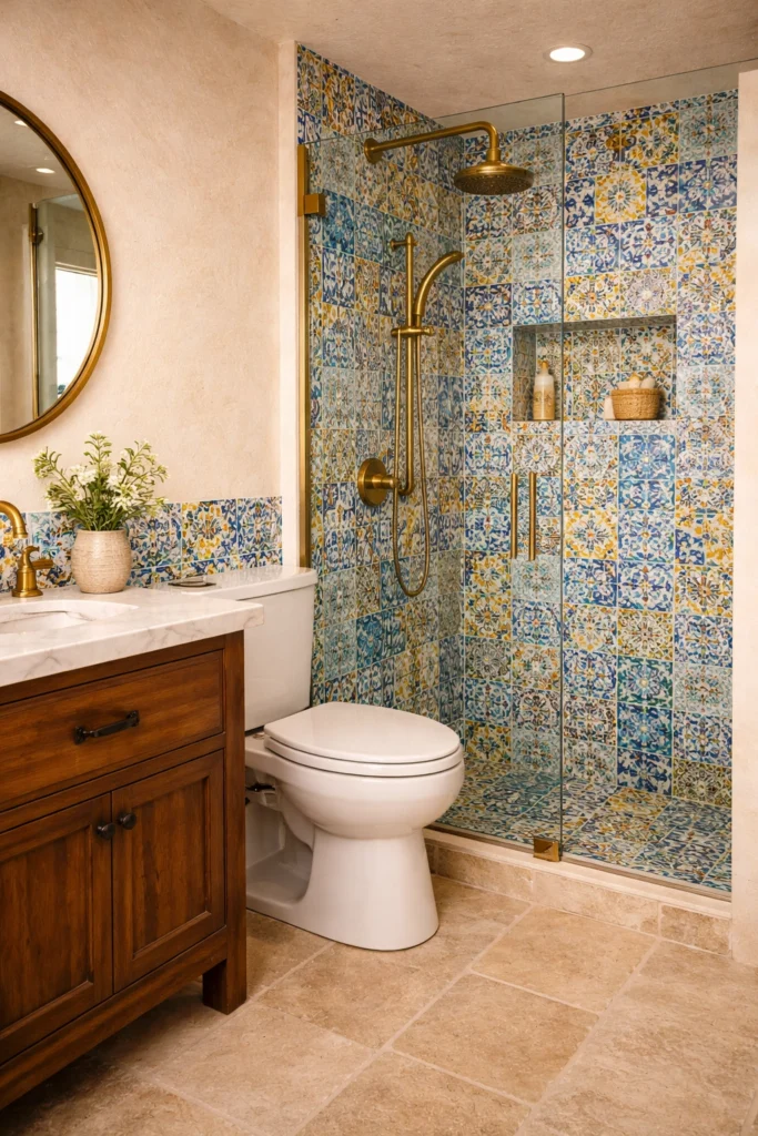 Mediterranean Mosaic Accent Shower Bathroom Idea
