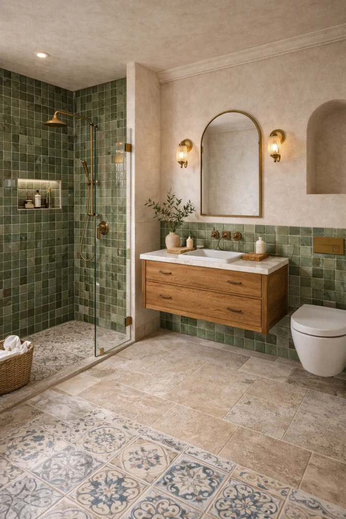 Mediterranean Olive Green Zellige Tile Bathroom Idea