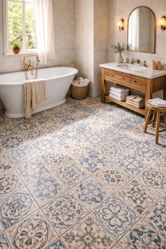 Mediterranean Pattern Floor Tile Bathroom Idea