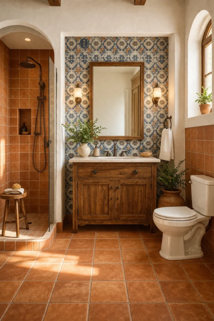 Mediterranean Terracotta & Blue Pattern Bathroom Idea