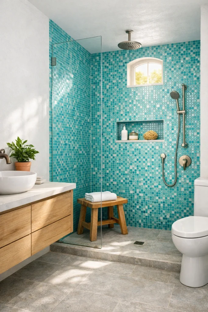 Mediterranean Turquoise Mosaic Shower Bathroom Idea