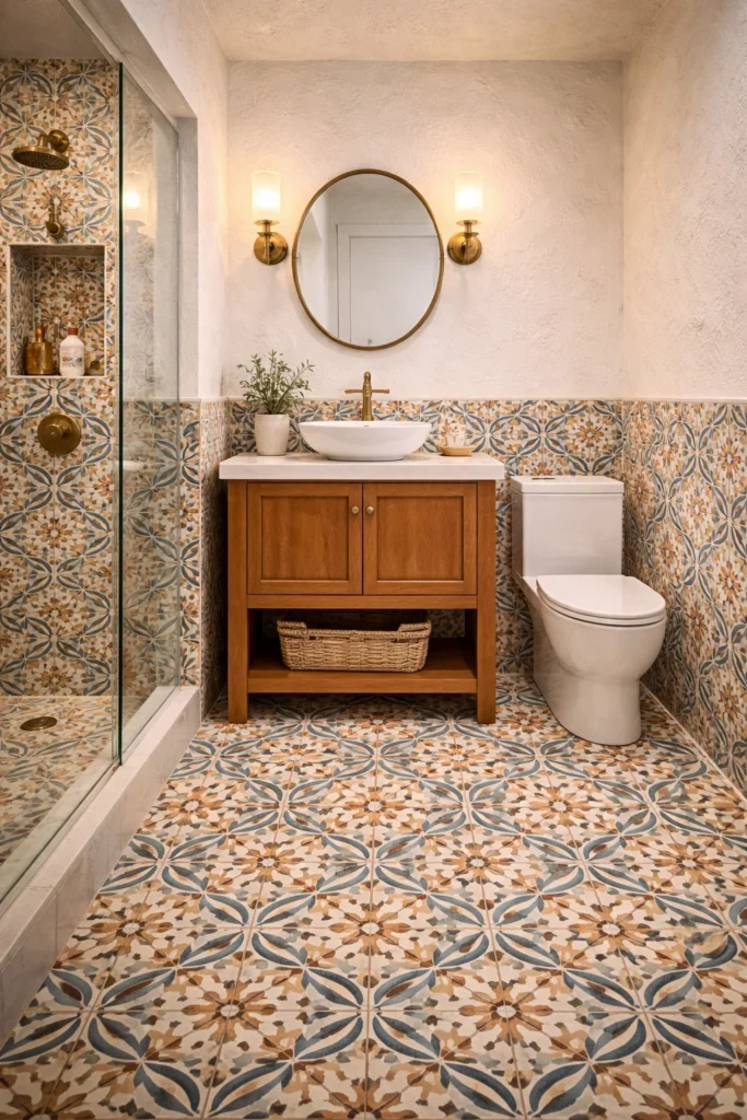 Mediterranean Vintage Pattern Tile Bathroom Idea