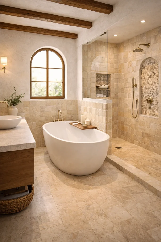 Mediterranean Warm Sand Textured Tile Bathroom Idea