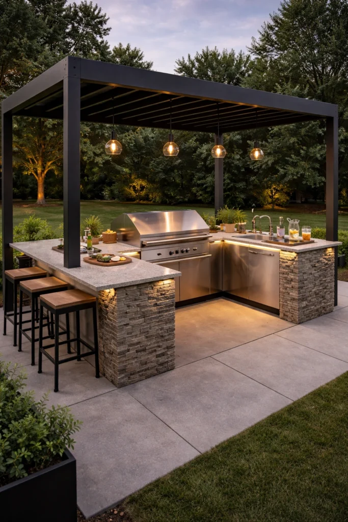 Metal Pergola Outdoor Kitchen Idea