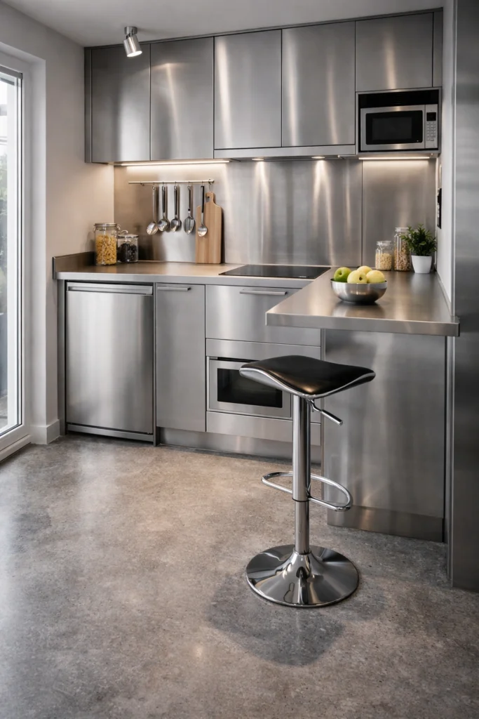 Metallic Steel Mini Kitchen with Adjustable Chrome Stool Idea