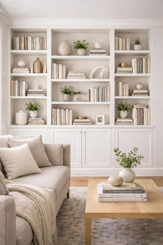 Minimalist White Built-In Bookshelf Style