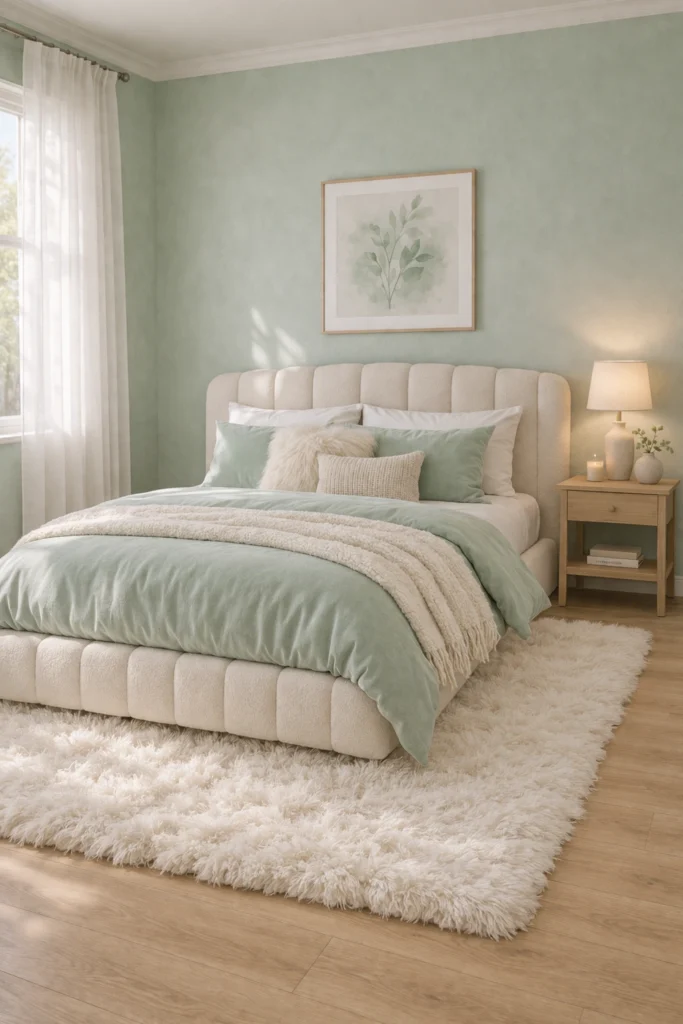 Mint Green Cozy Bedroom with Channel Tufted Bed Style