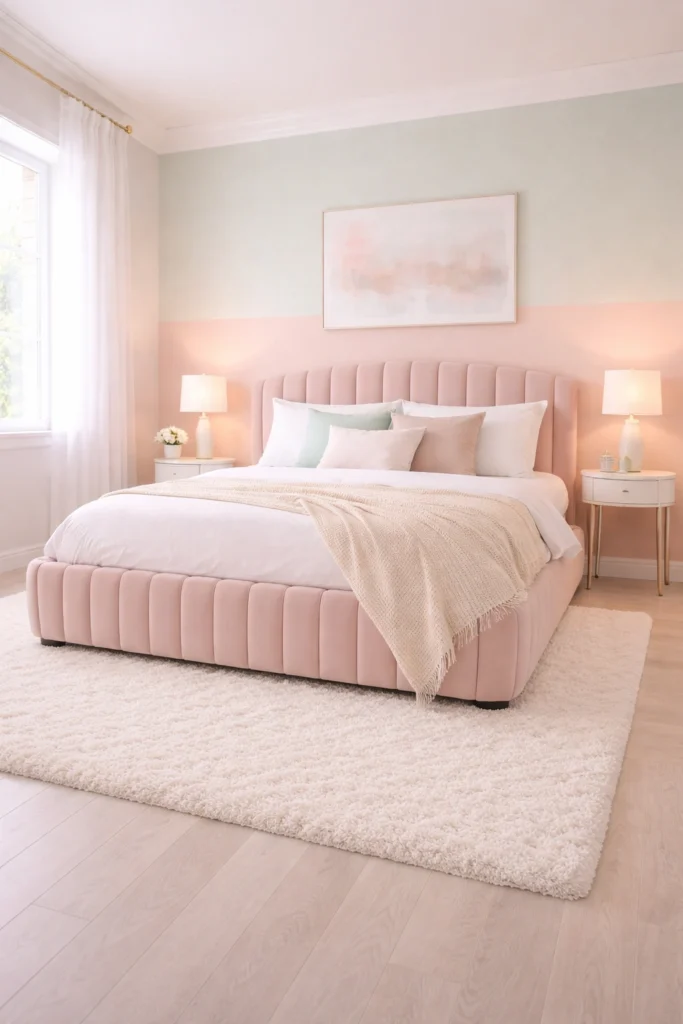 Mint and Blush Dual Tone Bedroom with Channel Tufted Bed Style