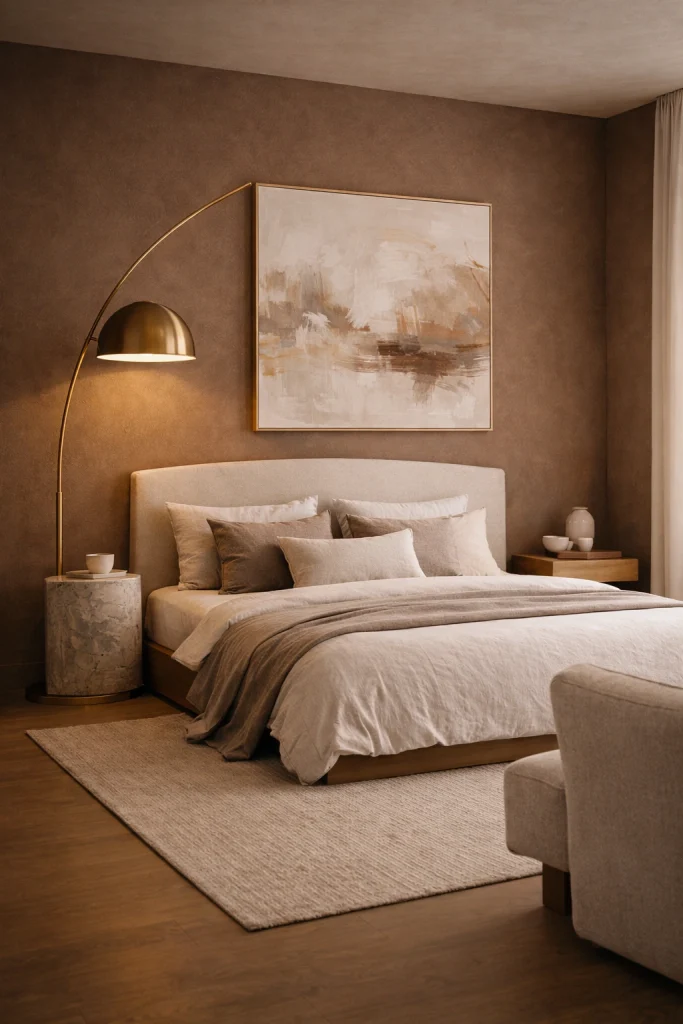 Mocha Brown Luxury Bedroom with Arched Floor Lamp Style
