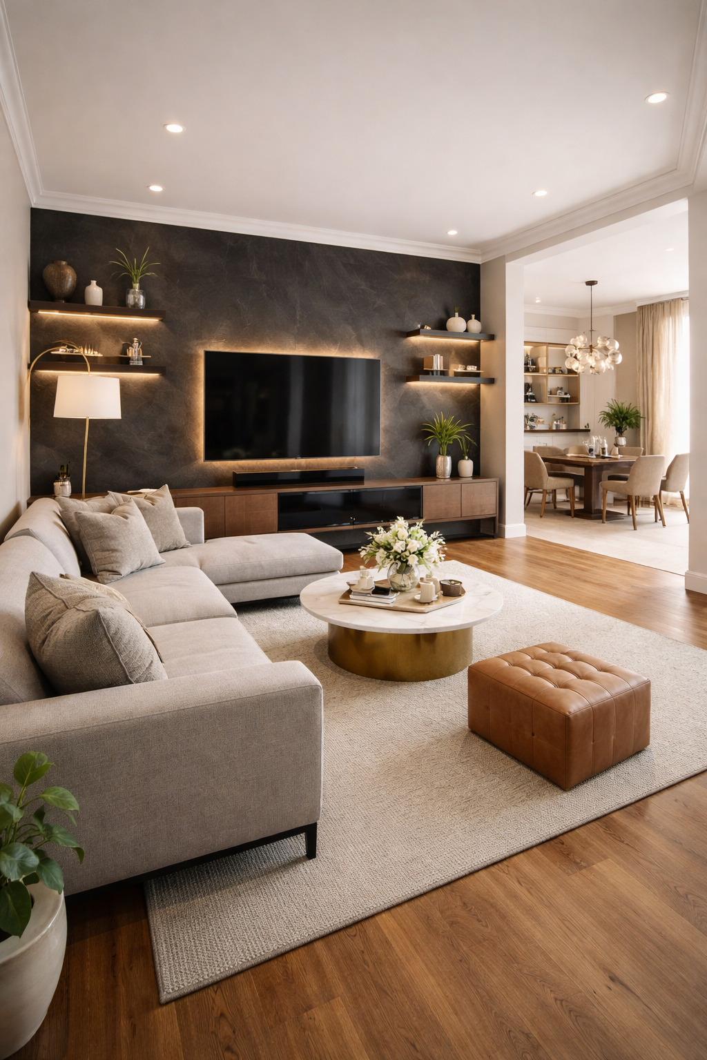 Modern Elegant Long Living Room With Dark Accent Wall Idea