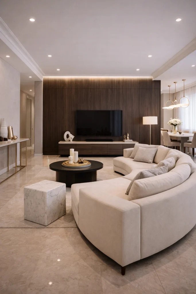 Modern Luxury Long Living Room With Statement Wall Idea
