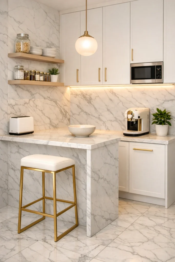 Modern Marble Mini Kitchen with Gold Bar Stool Idea