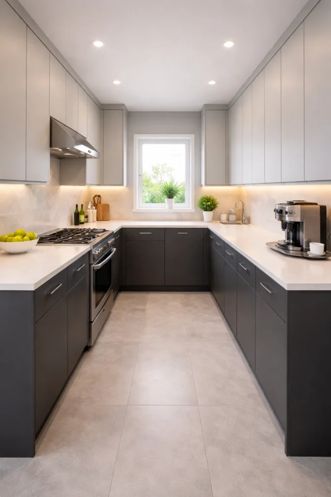 Modern Two-Tone Gray Galley Kitchen Idea