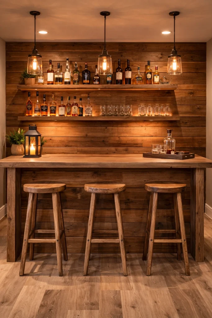 Natural Wood Basement Bar Style