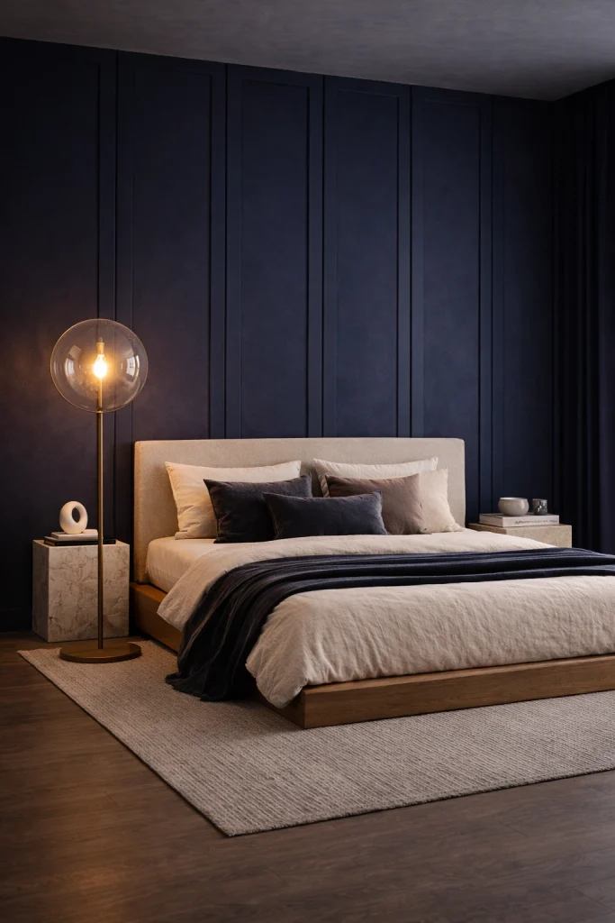 Navy Blue Luxury Bedroom with Globe Floor Lamp Style