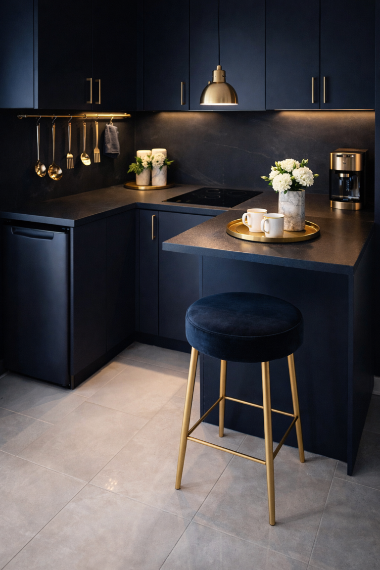 Navy Blue Mini Kitchen with Velvet Stool Idea