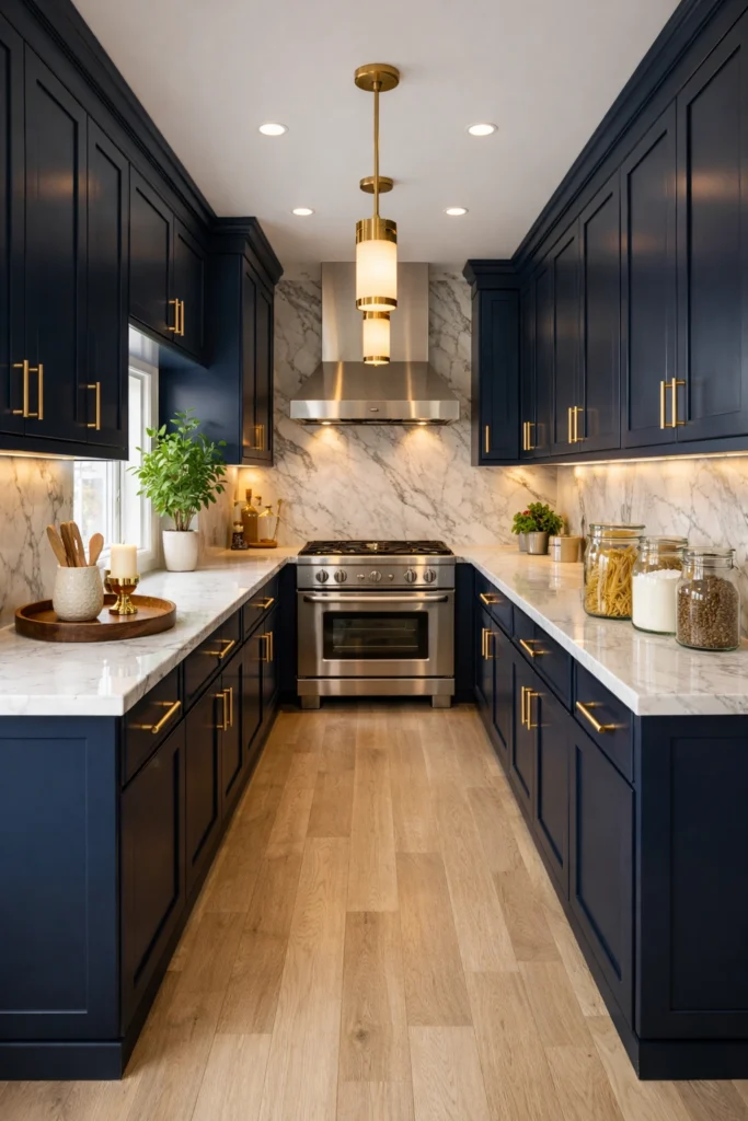 Navy and Marble Galley Kitchen Idea