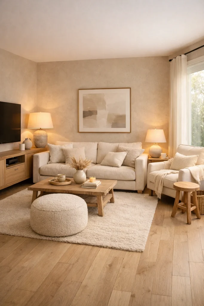 Neutral Cozy Long Living Room With Soft Textures Idea