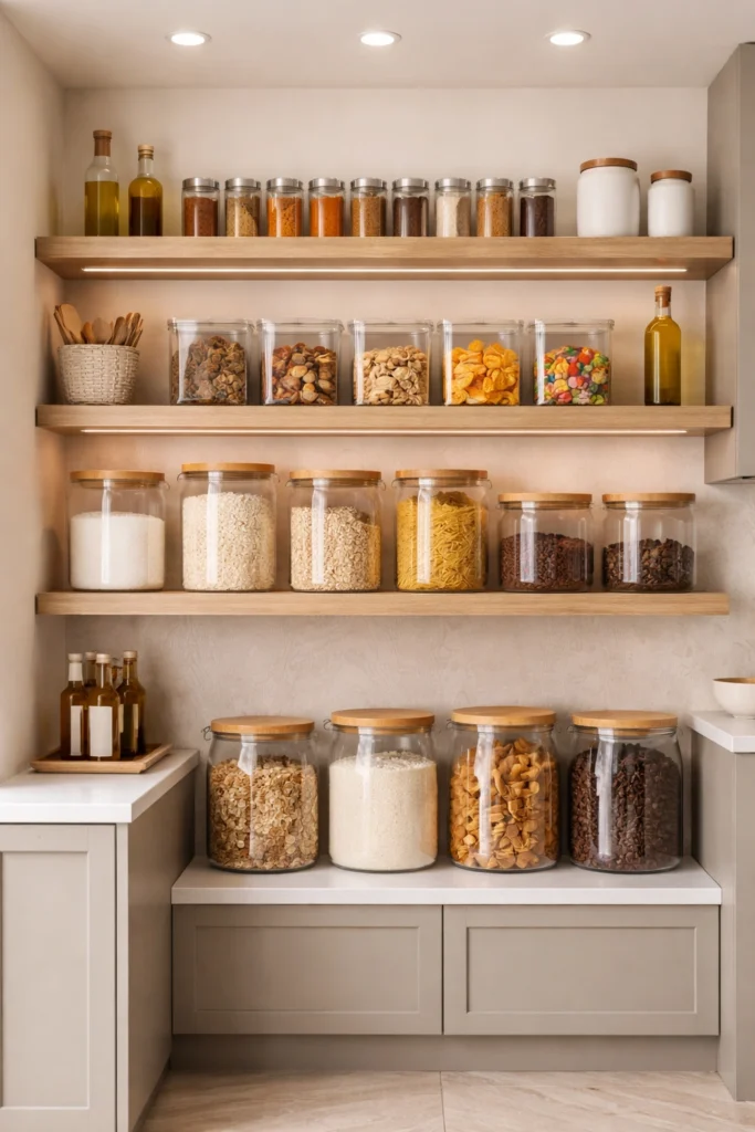Neutral Tone Pantry With Open Shelves Idea