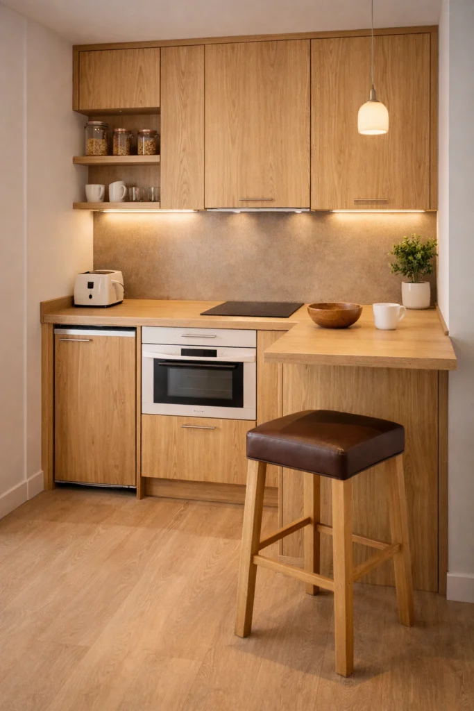 Oak Wood Mini Kitchen with Leather Stool Idea