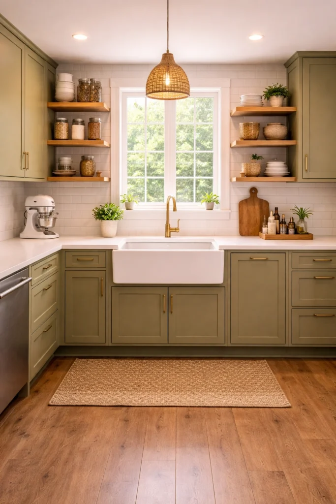 Olive Green Farmhouse Sink Kitchen Idea