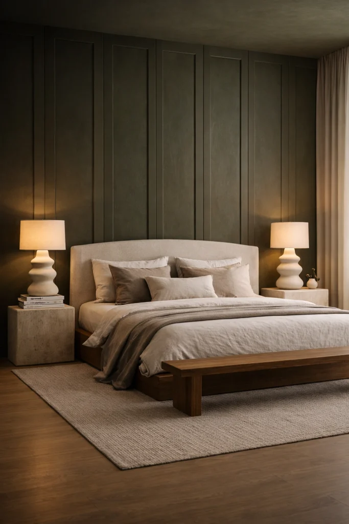 Olive Green Panel Wall with Sculptural Table Lamps Style